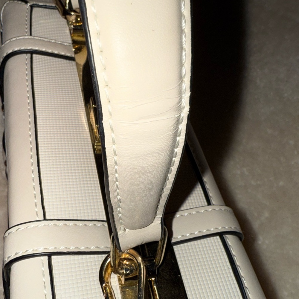 Structured Faux Leather Cream Mini Suitcase Trunk Buckle Crossbody Handle Bag - Picture 6 of 10